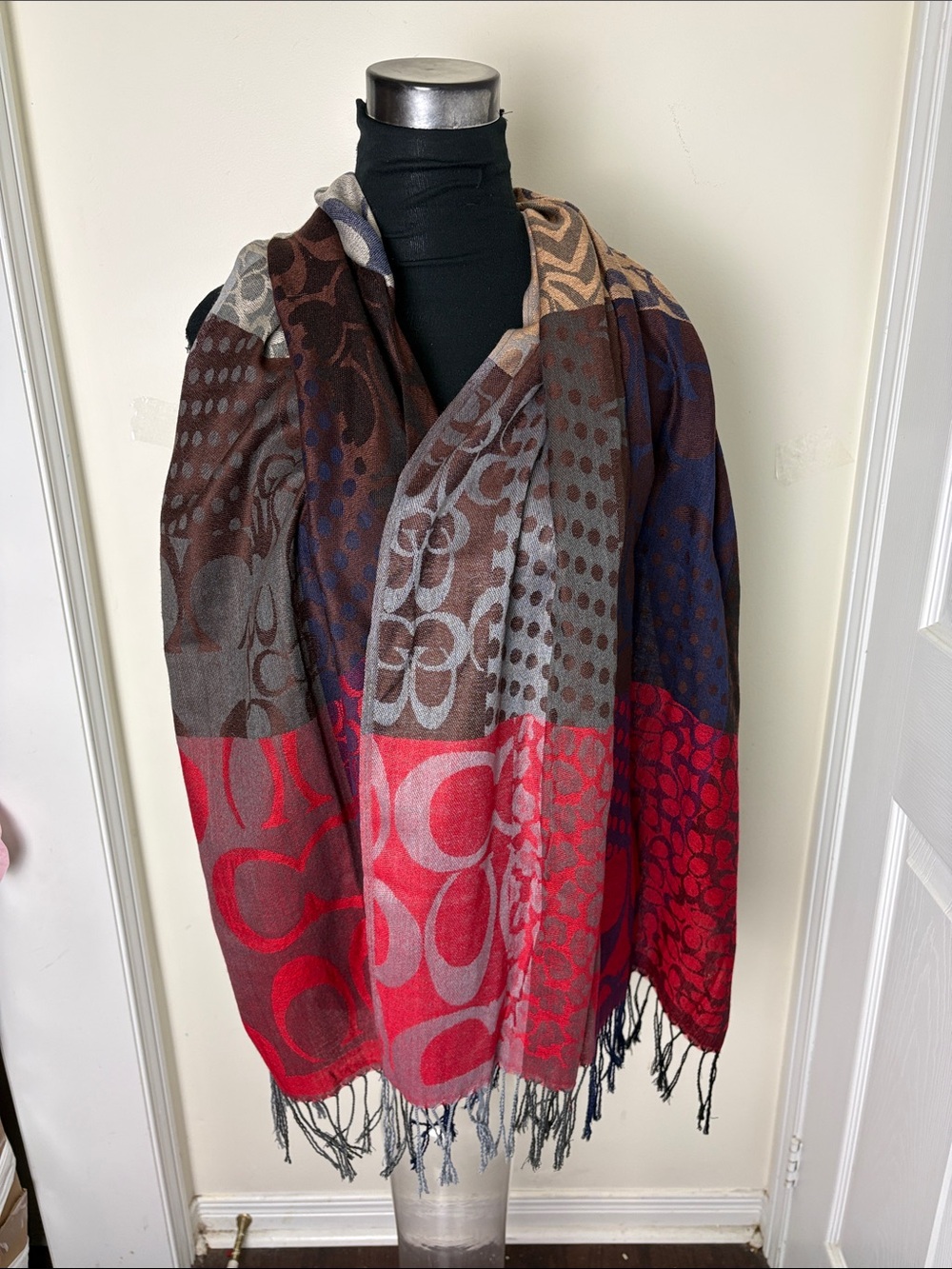Coach Multicolor Patch Patterned Fringe Hem Shawl Scarf